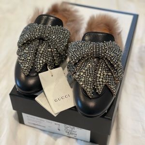 Bnib Gucci princetown fur crystal bow Sz37